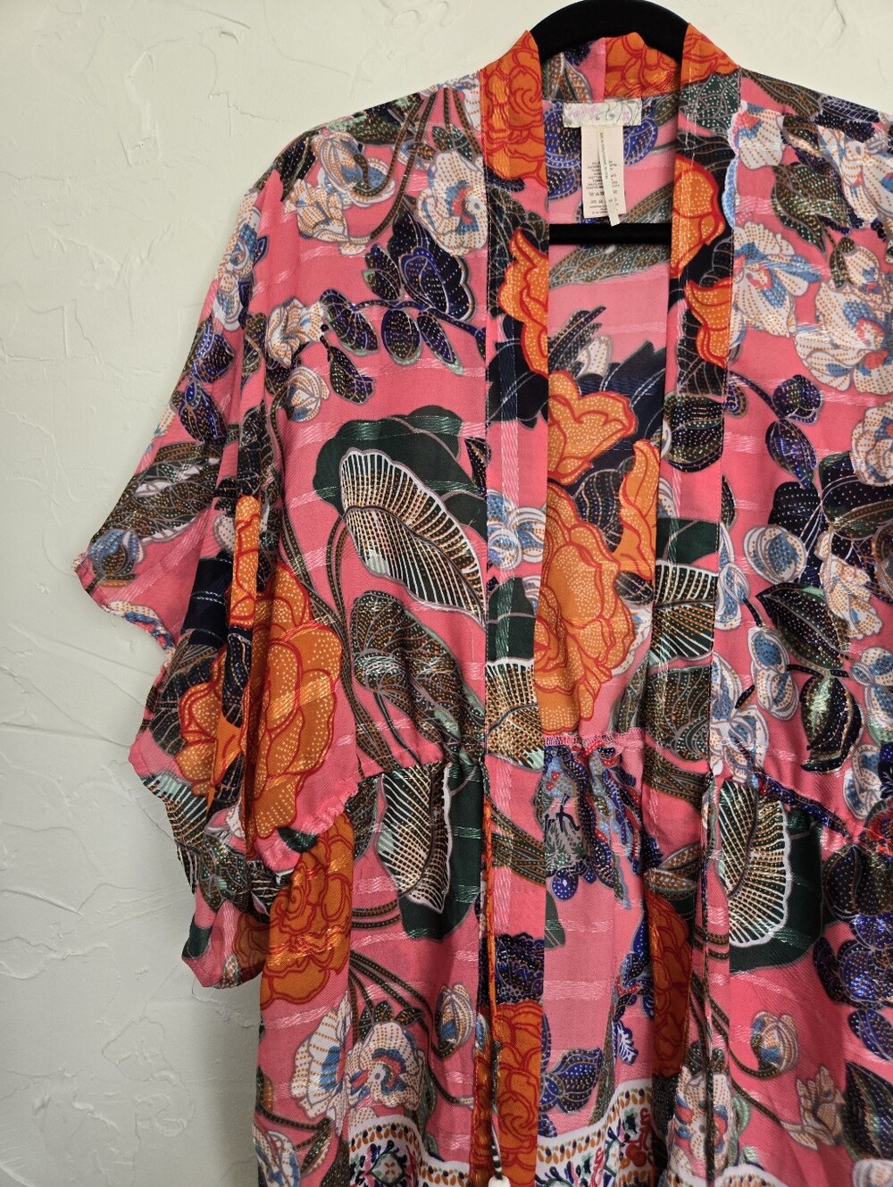 Free People Metallic Stripe Floral Drawstring Waist Pink Orange Kimono Top, OS - Picture 2 of 11